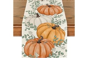 Artoid Mode DREI Orange Kürbisse Eukalyptus Herbst Tischläufer, Saisonnal Küche Tisch Dekoration Drinnen Urlaub Party Dekor 40x140 cm