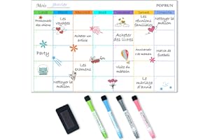 POPRUN Calendrier magnetique Tableau blanc Planning frigo,Organisation Familiale,Planificateur Mensuel/Semainer effaçable parfait pour Planification des Tâches, Semaine Menus/Repas- en Français