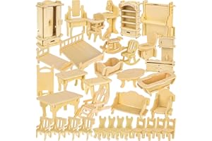 KRUZZEL Set di mobili per casa delle bambole, personalizzabile, 34 pezzi, cucina, bagno, soggiorno, camera da letto, cameretta dei bambini, set fai da te in legno 23542