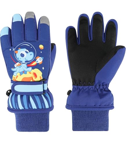 Guanti Da Neve Bambini Impermeabili - Motivo Dinosauro Per Sci E Snowboard 7-9 Anni
