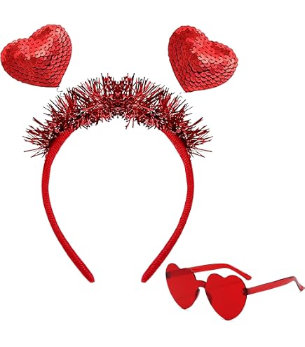 Oblique Unique® Herz Haarreif – Mit 2 Glitzernden Herzen & Lametta, Rot, Für Karneval, Party & JGA