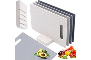 HUEMTNOR Schneidebrett 4er Set, Rutschfeste Küchenbrett Kunststoff mit Griffe und Aufbewahrungsständer, Professionelles Frühstücksbrettchen 28 x 18 cm, BPA-Free, Spülmaschinenfest