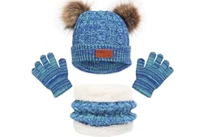 Baynetin Echarpe et Gants Bonnet Ensemble 3PCS, Enfant Tricoté Tour de Cou Chaud Bonnet Gants à écranTactiles, Hiver Accessoires pour Fille Garçon 2-8 Ans Ski Activité de Plein Air