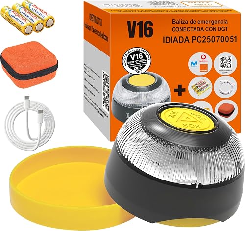 Baliza V16 Homologada DGT con Geolocalizador, Conectado IoT Datos Gratis hasta 2038, Doble Fijación (Imán + Ventosa), Obligat