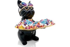 HUHOTE French Bulldog Statue,Resin Bulldog Decor with Tray, Candy Dish Key Holder Bowl Storage Ornament Sculpture for Home Decor,Accessories for Office Desk Figurines Entryway Table Decor (Sitting,Black)