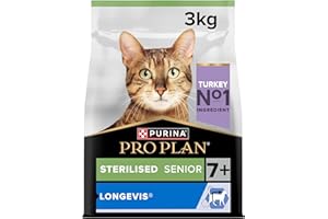 PURINA PRO PLAN | LONGEVIS | Sterilised 7+ | Alimentation complète | Chat Senior Stérilisé de 7 ans et plus | Pour une vie plus longue en bonne santé | A la Dinde | Croquettes | Sac | Lot de 4 x 3 Kg