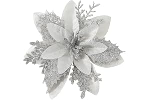 Veryhome 24pcs Poinsettia Christmas Decorations Artificial Poinsettia Flowers Heads Red Glitter Ornaments for Christmas Tree Decorations (Silver)