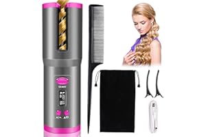 Bizcasa Automatischer Lockenstäbe, Kabelloser Lockenwickler mit 6 Temperatur Und LCD-Anzeige, Keramikbeschichtung Lockenwickler, Negativ-Ionen-Lockenstab, für Langes/Kurzes Haar (Grau)