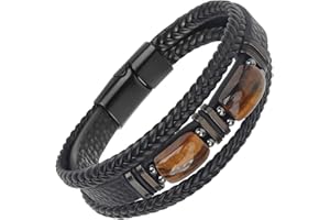 OWill Mens Bracelet, Mens Leather Bracelet, Tiger Eye Bracelets for Men, Natural Tiger Eye Gemstone Crystal Stone Jewelry Handmade for Courage and Stress Relief Protection