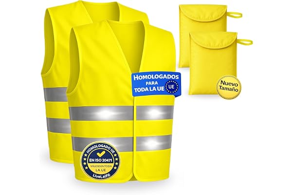 LiveLaif Pack 2 Chaleco Reflectante Homologado ISO 20471 + 2 Funda (L) | Chaleco Trabajo Alta Visibilidad Amarillo para Coche, Moto, Obra y Emergencias | Talla Única L, Unisex