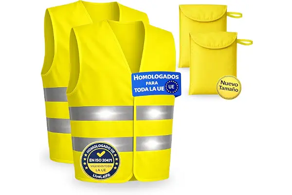 LiveLaif Pack 2 Chaleco Reflectante Homologado ISO 20471 + 2 Funda (L) | Chaleco Trabajo Alta Visibilidad Amarillo para Coche, Moto, Obra y Emergencias | Talla Única L, Unisex