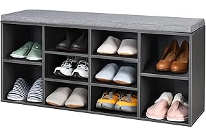 HOMASIS Schuhbank mit Sitz, Schuhregal aus Holz mit Polsterung, Sitzbank mit 10 Fächern, Schuschrank mit 2 höhenverstellbaren Ablagen für Eingangsbereich, Flur, Wohnzimmer, 104 x 30 x 48 cm (Grau)