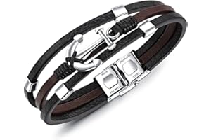 SixLuo Bracelet Homme Cuir véritable et Acier Inoxydable, Bracelet Multi tissé réglable, Noir et Marron, L'ancre, Carte de vœux 3D et Boîte-Cadeau, Cadeau de Noël Anniversaire pour Homme garçon