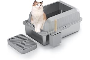 UISAVE Große, hohe Seitenrand Offene Edelstahl Katzentoilette mit Front-Eingang, ABS Umrandung, Geruchsneutralisierung, hohe Härte, Urinundurchlässig, Anti-Verkrustung, leicht zu reinigen