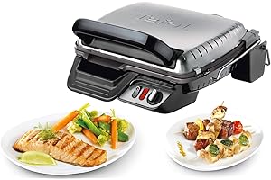 TEFAL GC3050 Ultra Compact Classic Grill Elektryczny, regulowany termostat, nieprzywierająca powłoka, taca ociekowa, wskaźnik temperatury, kompaktowe rozmiary, srebrny