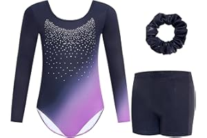 Gogokids Maillots de Gymnastique Trois Pièces pour Filles, Ensemble de Gymnastique à Manches Longues avec Short et Bandeau, Justaucorps de Danse Brillant avec Design de Couleur Dégradée pour 3-12 Ans