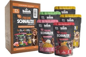 BOSCH TIERNAHRUNG Bozal Bosch Freshe, Paquete de acción de Comida húmeda 5 x 250 g, pienso Completo Suave al Vapor para Perros, sabores: Carne de Res, Pollo y Pavo, Paquete de Muestra, Comida húmeda para Perros