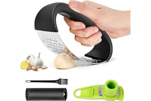 MINISOISO Presse-ail, Presse ail inox, Decoupe Ecrase ail, Garlic Press Rocker, facile à utiliser et à nettoyer avec Épluche-ail en Silicone et Brosse Nettoyante, Convient pour Broyer et Éplucher