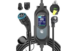 Evjuicion Chargeur Voiture Electrique 8m [3,68KW, 8-16A, 0-12H, IP67] EV Chargeur Type 2 avec Grand écran LED et Support Mural Portabilité Cable Recharge Voiture Électrique avec Sac et Support Câble