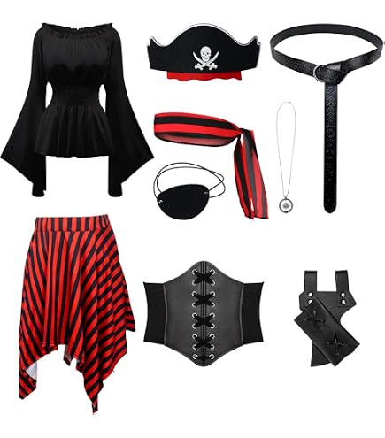 Vegaoo Piratenkostüm Damen – Oberteil, Hose, Weste, Hut, Überstiefel, Stirnband, Gürtel, Größe M