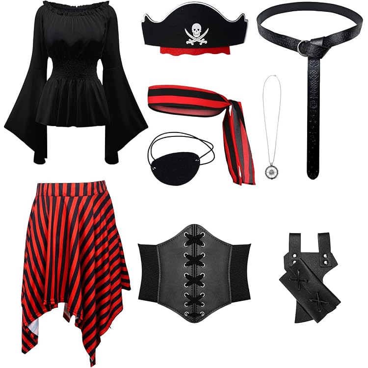 Piratenkostüm Für Mädchen – Set Mit Rock, Oberteil, Gürtel & Bandana, Schwarz-rot-gold, Gr. 122–128
