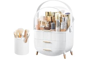 Kousee Make-up-Organizer und Aufbewahrung, tragbar, wasserdicht, staubdicht, Organizer mit Deckel, Kosmetik-Vitrine, Hautpflege-Organizer für Schminktisch, Badezimmer, B-Weiß