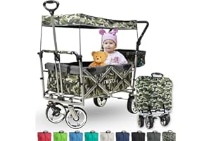 ‎IMLEX IMLEX Bollerwagen faltbar mit Dach IM-4268 Camouflage| Hohe Stabilität, 1X 3-Punkt Gurtsystem | Handwagen klappbar mit Schiebegriff ideal für 2 Kinder