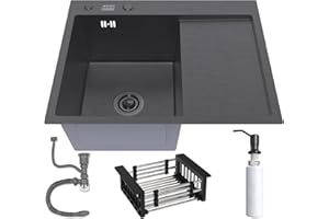 ANW HOME Fregadero de Cocina Graphite 63x50 cm con Escurridero, Colador de Cesta y Dispensador de Jabón de 350ml, Fregadero de Acero Inoxidable 304 con 2 Agujeros para Grifo y Sifón
