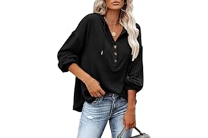 PLOKNRD Kapuzenpullover Damen Langarm Knöpfen Pullover mit Kordelzug Freizeit V-Ausschnitt Hooded Henley Sweatshirt Klassisch