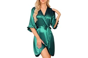 Lovasy Women's Satin Robe Short Ruffle Silk Dressing Gowns Party Wedding & Bride Bridesmaid Kimono Robes