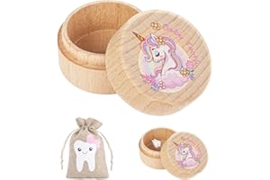 Aolso Tooth Fairy Box with Tooth Fairy Bag,Wooden Baby Keepsake Box,Baby Teeth Storage Box for Lost Teeth,Newborn Wood Case for Boys Girls Gift（Unicorn）