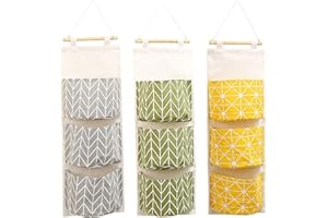 ZhengYue Wall Hanging Storage Bag, Waterproof Over The Door Closet Organizer| Linen Farbric Hanging Pocket Organizer with 3 Remote-Sized Pockets for Bedroom, Bathroom Yellow + Gray +Green