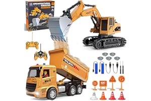 HILKKET Fernbedienung Bagger und Muldenkipper Spielzeug Set - RC Baufahrzeuge mit Straßenschildern, Barrieren, simulierten Steinen, Lichtern und Geräuschen, Geburtstagsgeschenk für Kinder 6-12 Jahre Jungen Mä