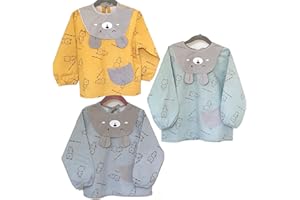 BIDABOUM® Lot de 3 bavoirs tablier bebe enfant manches longues en tissu coton. Pour manger, peinture, cuisine, maternelle, école, cantine, dme. Serviette bavoir bébé, imperméable, zéro plastique.