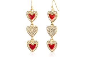 TISSGIRL Retro Red Interlocking Heart Dangle Earrings For Women Girls, Shiny CZ Heart Dangle Earrings, Sweet Heart Jewelry as Valentine's Day Ornament
