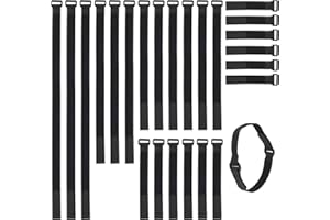 PLAGUFAS 24Pcs Velcro Straps, Velcro Cable Ties, Velcro Straps Adjustable, Releasable Hook and Loop Cable Straps for Various Network Cables, Data Cables and Other Messy Cables(6/10/16/22/28Inches), Black