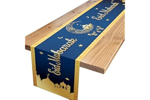 XINVERY Eid Mubarak Table Runner,Blue Gold Eid Table Runner Eid Mubarak Decoration Muslim Home Kitchen Islamic Holiday Party Decor 13x72 Inch