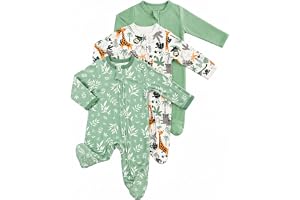JiAmy Baby pojkar flickor bomull sovdräkter 3-pack, dragkedja babyväxt med fotade och vikbara vantar för nyfödda till 12 måna