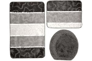 Ilkadim Orion Badgarnitur 3 TLG. Set 50x80 cm Mehrfarbig gestreift, WC Vorleger ohne Ausschnitt für Hänge-WC (dunkelgrau grau)