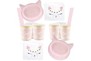 Libetui Lot de 64 ustensiles de table pour chat - Pour anniversaire d'enfant - Fête de chat - Anniversaire - Enfants adultes - Vaisselle jetable pour 12 personnes