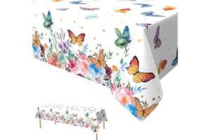 Xinvery Butterflies Party Tablecloth, Flowers Butterflies Fairy Table Covers Plastic Rectangular Tablecloths Butterfly Spring Theme Decoration for Girls Birthday Baby Shower 137 x 274cm