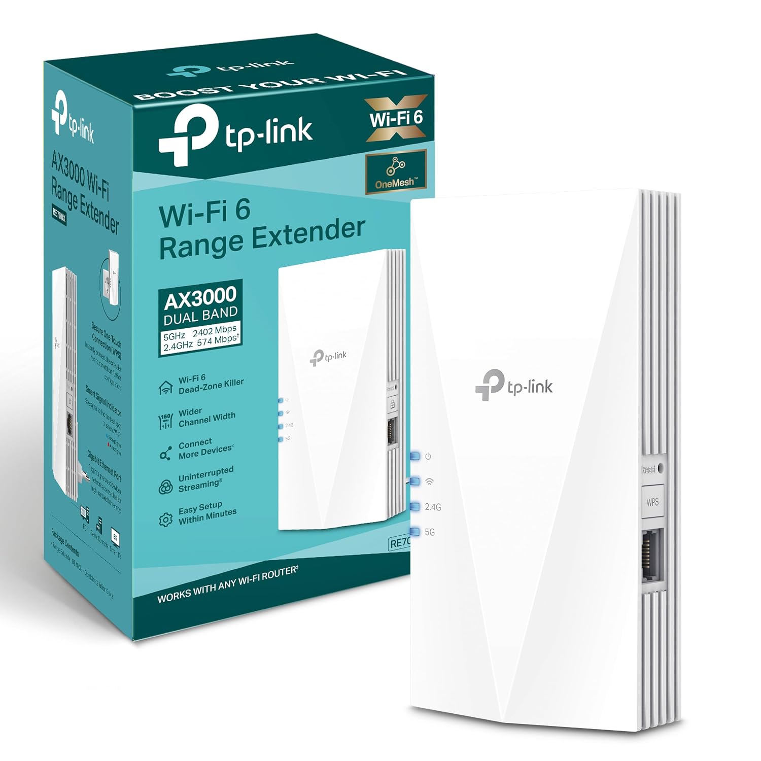 TP-Link RE700X - Repetidor WiFi 6 AX3000, Doble Banda, Puerto GE, EasyMesh | Amplificador de Señal WiFi. Ancho de Banda de 160 MHz. Modo Punto de Acceso. Botón WPS para Configuración Fácil. App Tether.