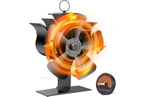 SUNJULY Ventilateur Poêle à Bois, 5 Pales Ventilateur de Cheminée Alimenté Par la Chaleur, Respectueux de l'environnement,Ventilateur Silencieux pour Le Bois/Brûleur à Bûche/Cheminée avec Thermomètre