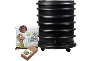 WORMbox | Lombricomposteur 4 Plateaux Noir + 500gr de vers de Compost + 1 Bloc Coco | 64 litres | Compostez Vos déchets organiques, Les vers de Terre/lombrics produisent du lombricompost