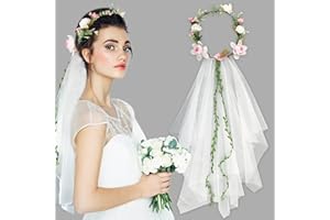 BOFUNX Blumenkranz Haare mit Schleier Blumenkrone Hochzeit Blumen Haarreif Damen Haarband Haarschmuck für Hochzeit JGA Party