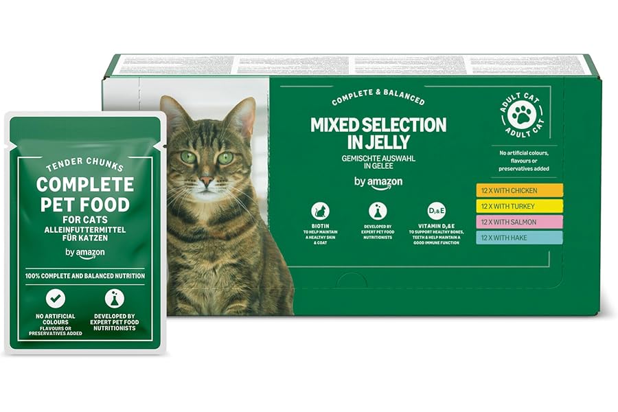 by Amazon - Alimento Completo sin Cereales para Gatos Adultos, selección mezclada en gelatina, 4,8 kg (48 Paquetes de 100 g)
