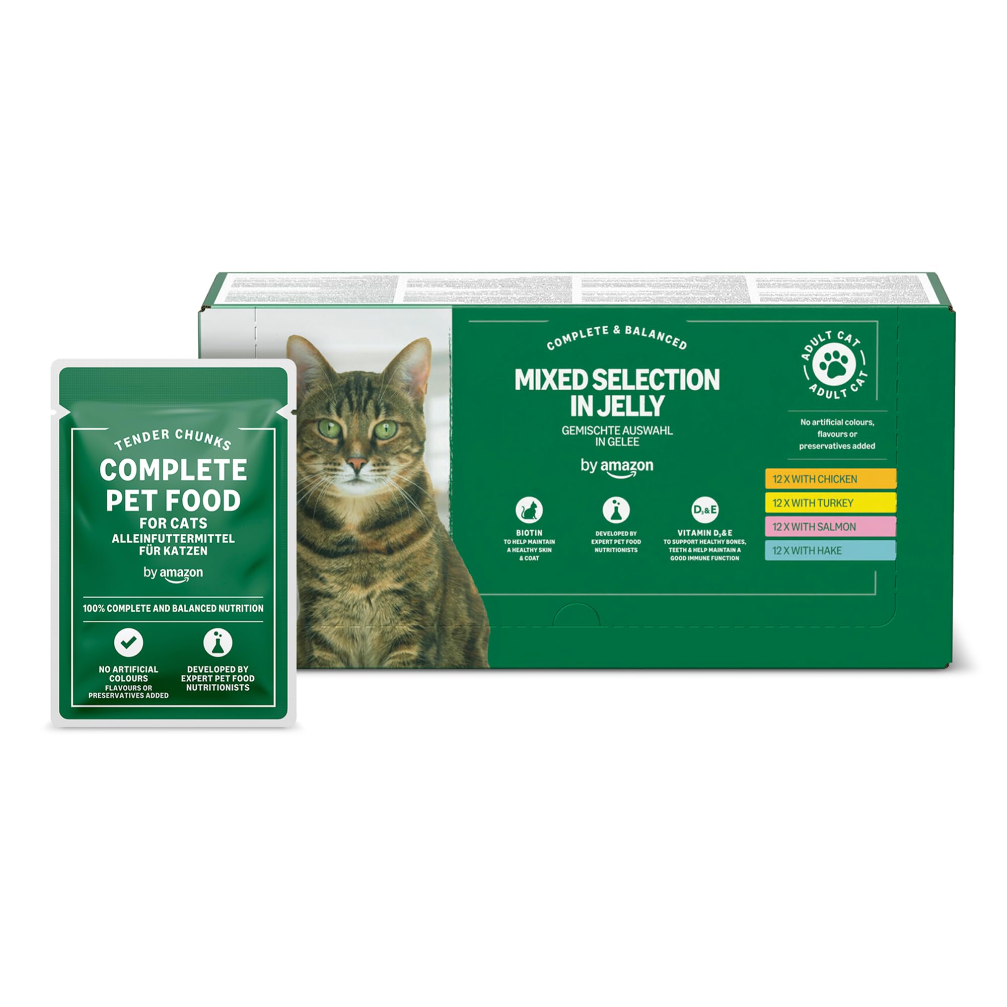 by Amazon - Alimento completo sin cereales para gatos adultos, selección mezclada en gelatina, 4,8 kg (48 paquetes de 100 g)