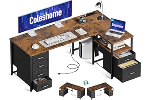 Coleshome Scrivania Angolare con Tessuto Cassetti, Reversibile Scrivania a l con Cassetto Portadocumenti, Scrivania per Computer con Porta di Ricarica USB e Presa di Corrente (Marrone, 140x70cm)