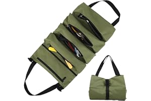 WINDFROMORT Borsa per Attrezzi Arrotolabile - Tasca Porta Attrezzi - Borsa Portautensili con 5 Tasche con Cerniera - Per Elettricisti, Idraulici, Falegnami, Uso Domestico, Auto e Moto (Verde)