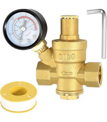 Wasserdruckminderer aus Messing mit Manometer und Filter, Druckbereich 0,1-7 ,5 MPa, für 1/2 Zoll DN15 und 3/4 Zoll DN20 Anschlüsse, zur Reduzierung des Wasserdrucks in Haus und(3/4/DN20